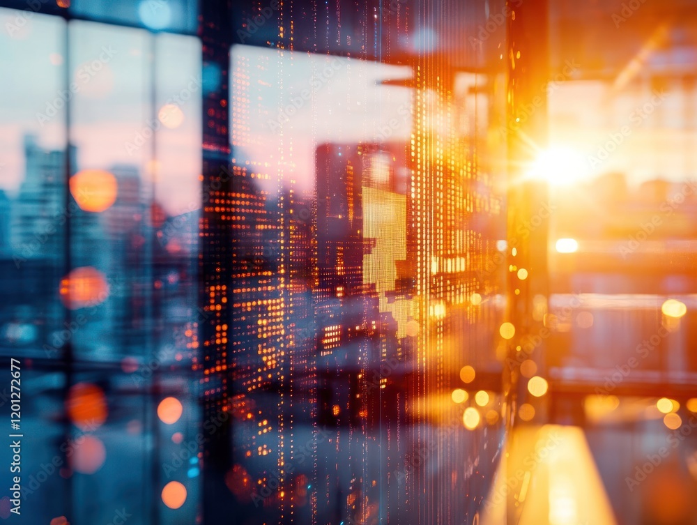 Fototapeta premium Abstract view of a city at sunset with glowing dots on glass walls and bokeh effects