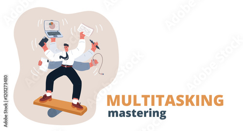 Cartoon vector illustration of a multitasking businessman in formal attire, symbolizing productivity, efficiency, and modern work life over dark background
