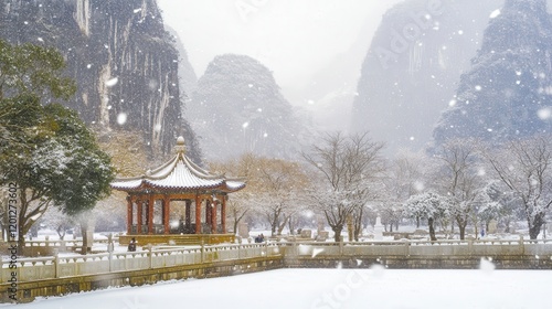 Wallpaper Mural A breathtaking winter scene in a park with a traditional Chinese pavilion, snow-covered trees, and mountains in the background.  A serene and picturesque winter wonderland. Torontodigital.ca