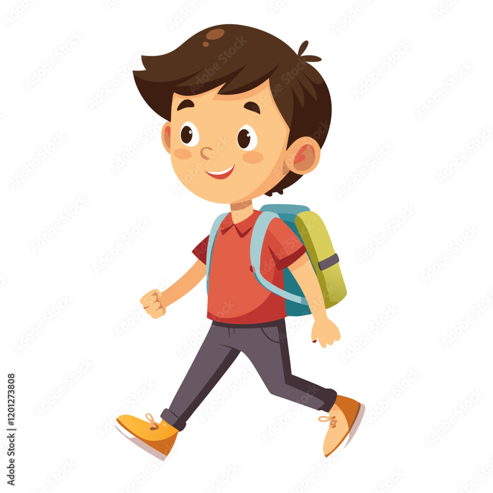 A boy wearing backpack, waliking go to school, illustration isolated white A boy wearing backpack, waliking go to school, illustration isolated white