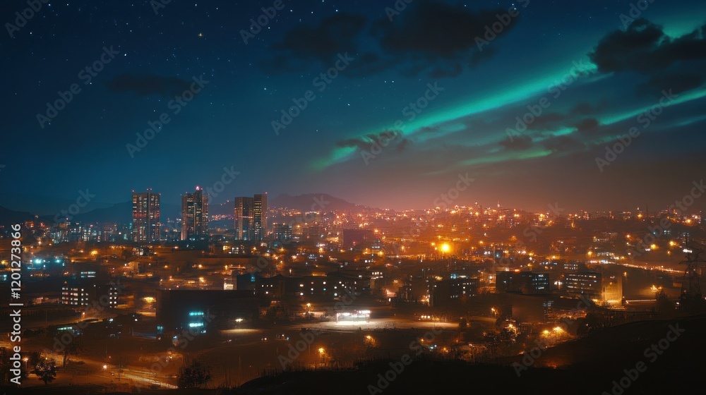 Obraz premium Night cityscape with aurora borealis and starry sky.