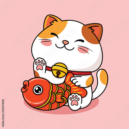 Cute Fortune Cat Holding A Red Goldfish