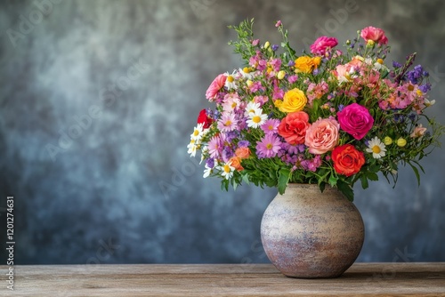 Colorful flower arrangement in a rustic vase on a wooden table