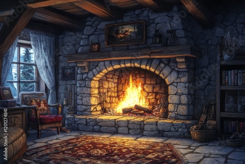 Cozy fireplace warms a rustic stone living room on a chilly evening