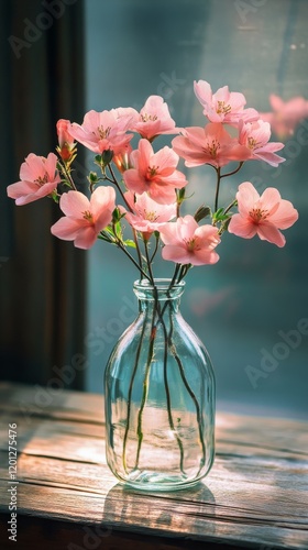 Pink cherry blossoms in a clear vase resting on a wooden table with soft sunl...