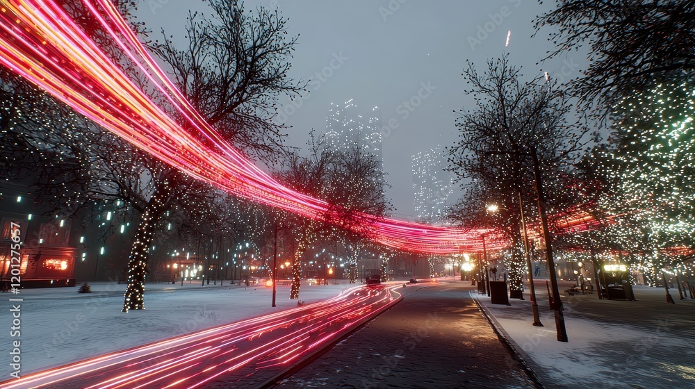 Obraz premium A serene cyberpunk forest where glowing robotic trees stretch high into a digital sky. Streams of radiant light flow gently through the terrain, and AI-driven wildlife with bioluminescent bodies