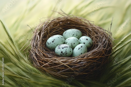 Nest with spotted eggs surrounded by lush greenery in a serene landscape