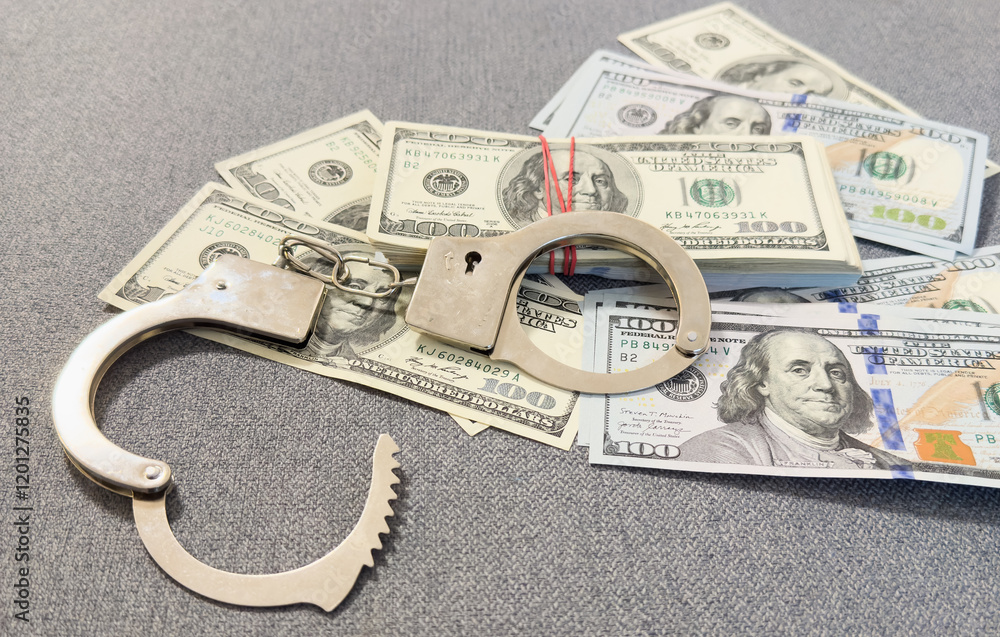 American dollars and handcuffs, Concept of ideas of corruption, dirty money or financial crimes. American dollars and handcuffs, Concept of ideas of corruption, dirty money or financial crimes.