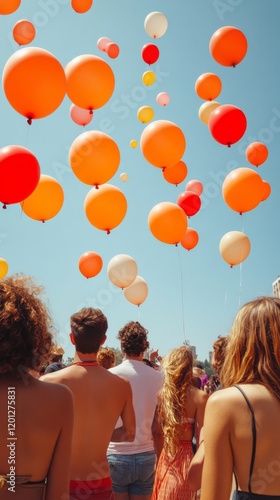 Colorful balloons float in the sky above a crowd enjoying an outdoor celebration