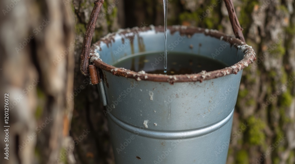 Close-up shot of a metal sap bucket attached to a maple tree, clear sap dripping in early spring, showcasing the texture of the tree bark. Close-up shot of a metal sap bucket attached to a maple tree, clear sap dripping in early spring, showcasing the texture of the tree bark.