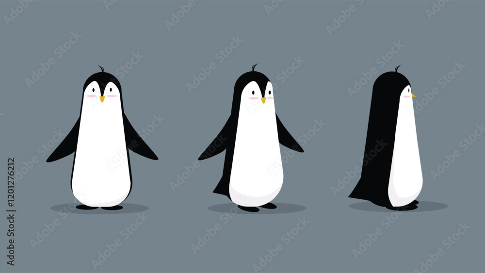 Obraz premium Penguin turn around character. Vector illustration of a cute penguins. Isolated on grey background