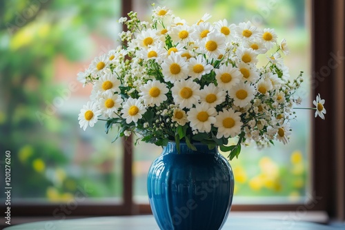 Beautiful bouquet of white flowers in a blue vase on a table in a bright indo...