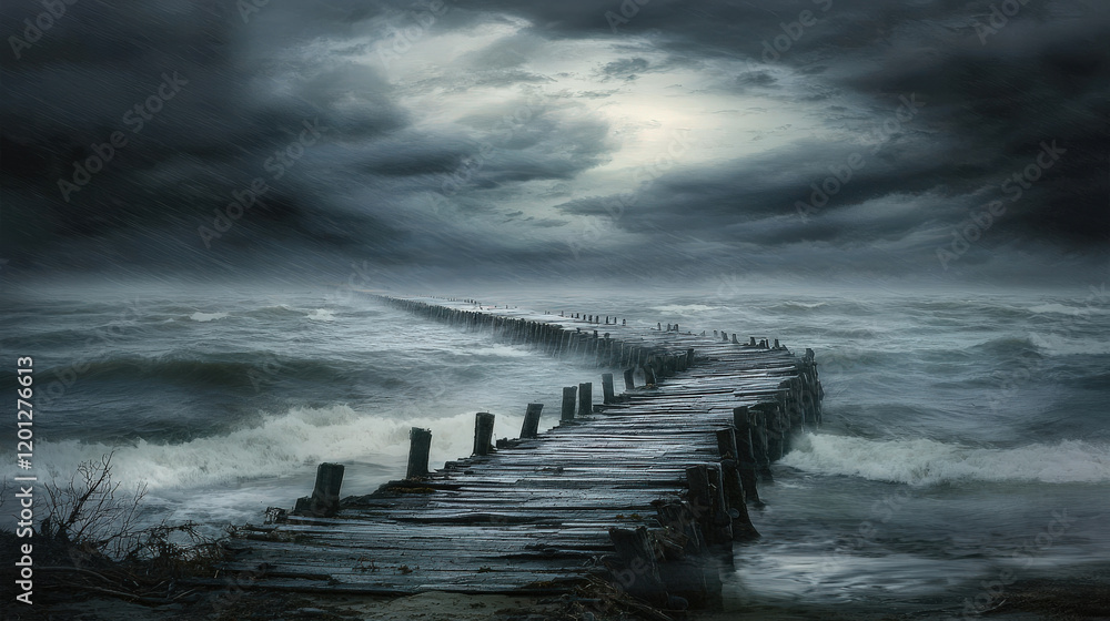 Fototapeta premium Stormy Seascape: Wooden Jetty in Tempest