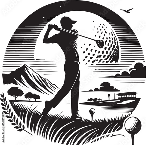 Black Color Golf Silhouette Vector Illustration, Solid White Background