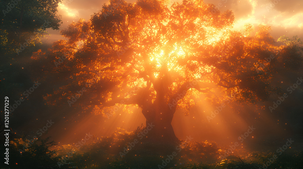 Majestic Oak Tree Illuminated by Sunset Rays in a Mystical Forest Majestic Oak Tree Illuminated by Sunset Rays in a Mystical Forest