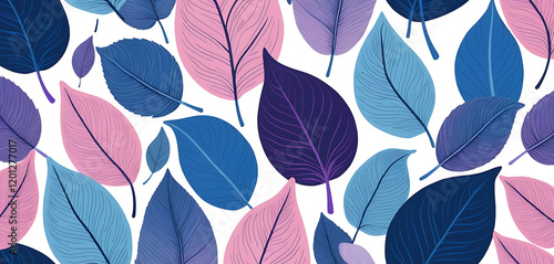 Pastel Leaves PatternA charming seamless pattern featuring a whimsical array of pastel-colored leaves in shades of pink, blue, and purple, perfect for various design applications.  photo