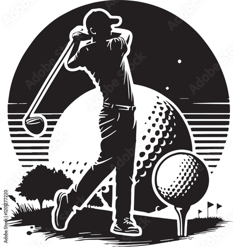 Black Color Golf Silhouette Vector Illustration, Solid White Background