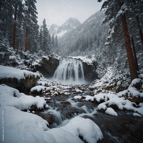 A mountain pass covered in soft, freshly fallen snow, leading to a hidden waterfall cascading through dense pine forests.