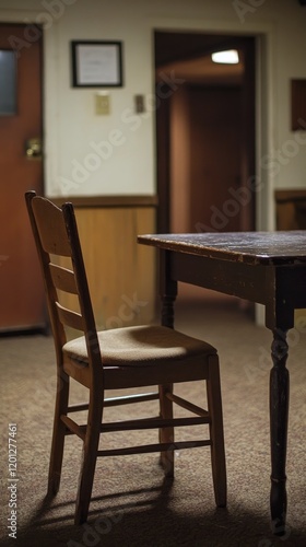 Classic wooden chair positioned beside a dark wooden table in an elegant room...