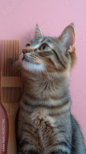 Cat resting next to a pink wall with sunlight casting a shadow in a cozy room