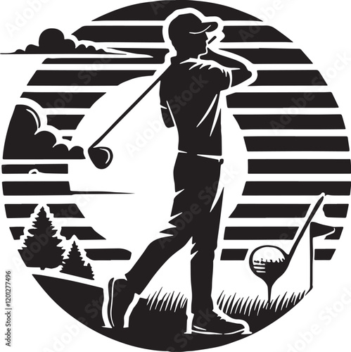 Black Color Golf Silhouette Vector Illustration, Solid White Background