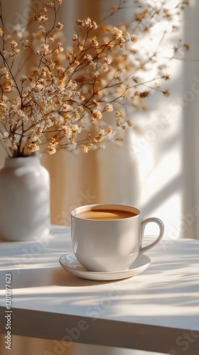 Coffee cup placed on textured surface with a top view at a serene morning set...
