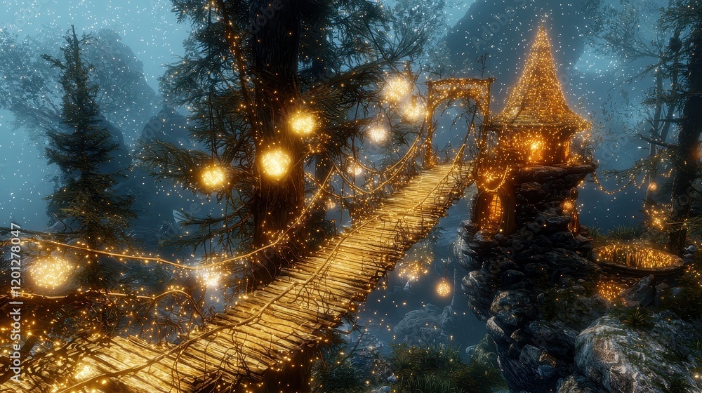 Obraz premium A serene floating island suspended in a twilight sky filled with swirling galaxies. Golden bridges connect radiant gardens to a central crystal temple, where glowing fountains of liquid stardust