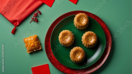  Flat lay of mooncake on green plate on red background. Food photo of Chinese festive dessert on Lunar festival. Mid Autumn Festival celebration banner. Advertising scene of traditional Vietnamese foo photo