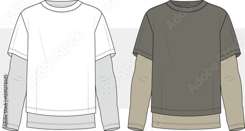MEN OVERSIZED LONG SLEEVE LAYERED T-SHIRT VECTOR FLAT MOCK-UP TEMPLATE, FASHION DRAWING, ILLUSTRATION.