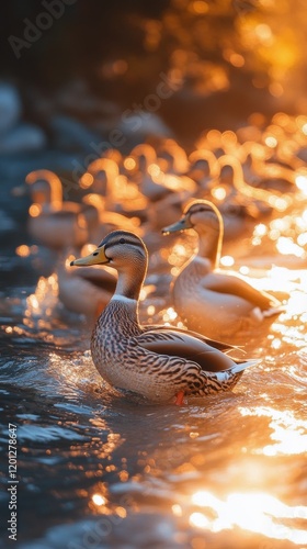 Ducks swimming in shimmering water during golden hour at a serene lake