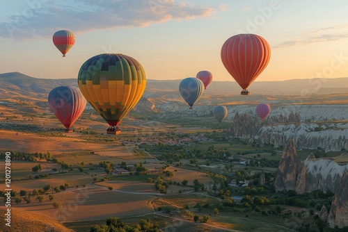 Colorful hot air balloons ascend into the sky during a beautiful sunrise in C...