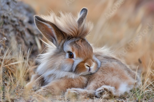 A domesticated rabbit with a unique hairstyle reclines on lush green grass photo