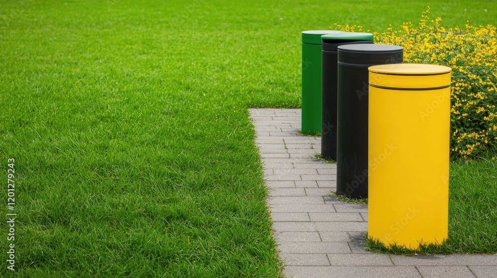 Four colorful waste bins lined along a paved path in a green grassy area, promoting eco-friendly waste disposal. Four colorful waste bins lined along a paved path in a green grassy area, promoting eco-friendly waste disposal.