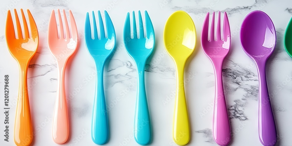 Colorful Plastic Utensils on a White Marble Background Colorful Plastic Utensils on a White Marble Background