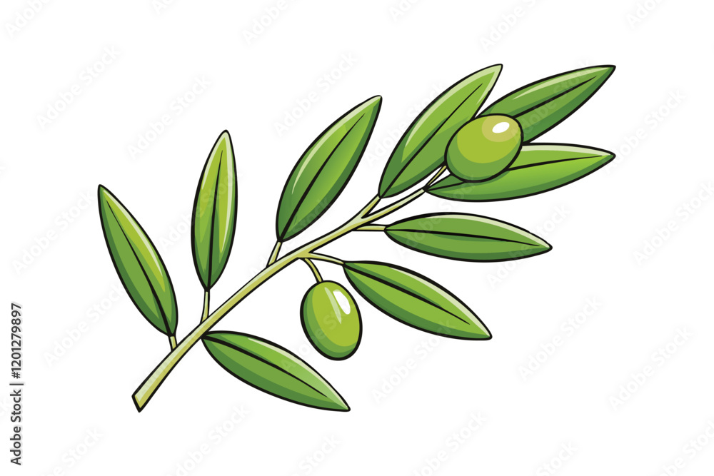 Illustration of an olive tree branch with fresh green leaves and ripe olives, symbolizing health, nature, and Mediterranean culture Illustration of an olive tree branch with fresh green leaves and ripe olives, symbolizing health, nature, and Mediterranean culture