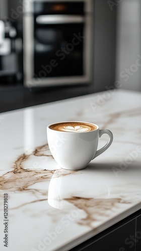 Warm cup of coffee sits on a marble countertop in a cozy cafe with baked good...