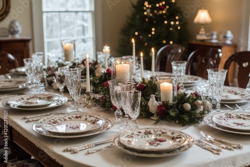 Elegant holiday dining table set with candles and festive decorations in cozy...