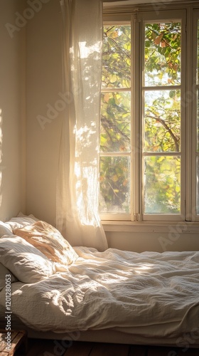 Cozy bedroom with sunlight streaming through a large window and a comfy bed i...