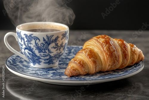 Freshly baked croissant and steaming coffee on a blue floral plate in a cozy ...