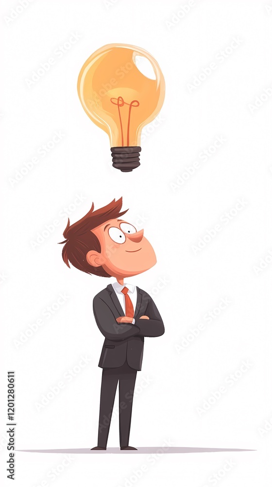 A businessman stands confidently envisioning a bright idea above him symbolizing creativity and inspiration. A businessman stands confidently envisioning a bright idea above him symbolizing creativity and inspiration.
