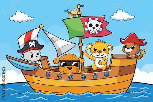 Colorful pirate themed cartoon with adorable animals dressed as pirates, ready for an exciting ocean adventure on a ship