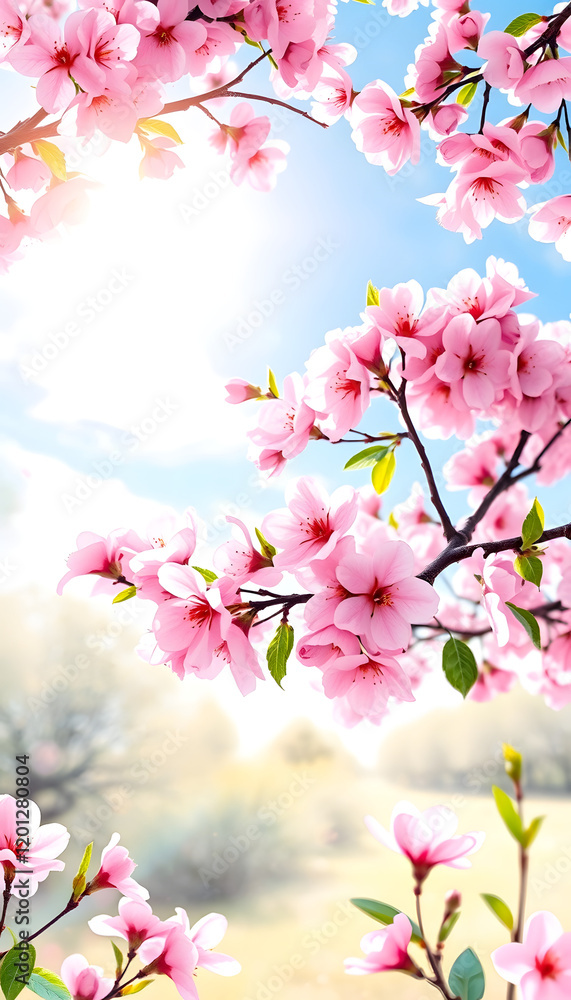 Obraz premium Spring border or background art with pink blossom. Beautiful nature scene with blooming tree and sun flare, watercolor, with white tones