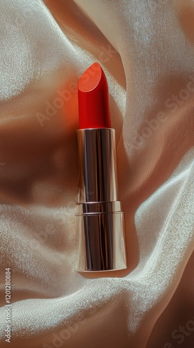Bright red lipstick on a soft satin fabric showcasing elegance and beauty