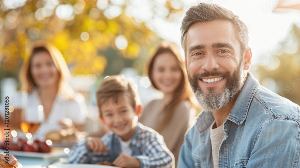 Obraz premium A happy family enjoying a meal outdoors in a sunny setting, with smiles and a sense of togetherness.