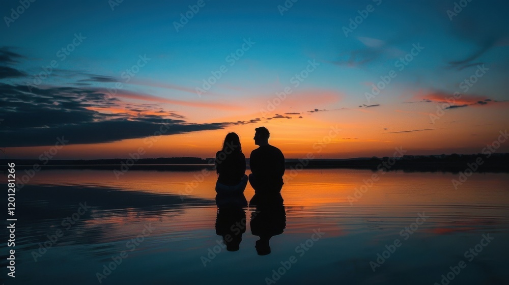 Silhouetted Couple Watching Romantic Sunset Over Water Reflection Silhouetted Couple Watching Romantic Sunset Over Water Reflection