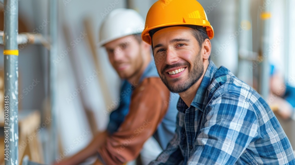 Two construction workers wearing helmets and smiling in a work environment, showcasing teamwork and professionalism.