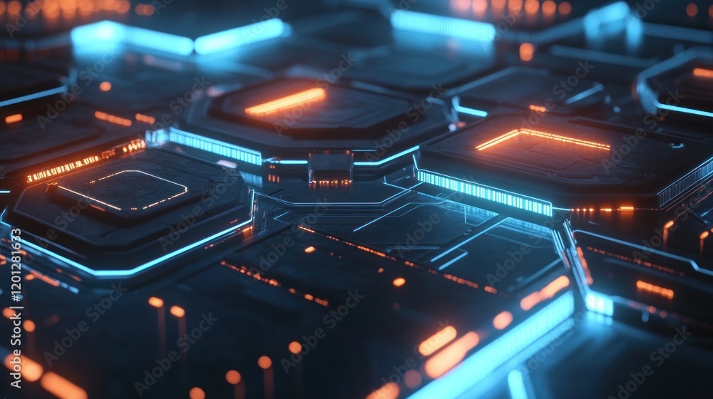 Abstract futuristic technology background with glowing blue and orange circuit board. Abstract futuristic technology background with glowing blue and orange circuit board.