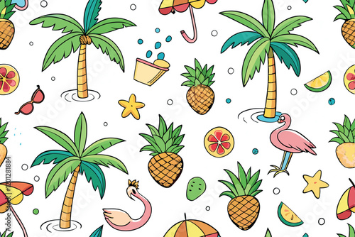 Colorful tropical seamless background with palm trees, flamingos, pineapples, beach items, and fun summer elements