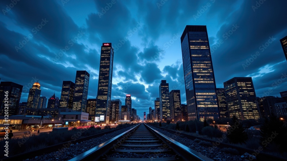 Eye-level shot capturing parallel train tracks, framed by a vibrant city skyline at dusk. Small rocks form the tracks' surface, leading into the urban horizon Eye-level shot capturing parallel train tracks, framed by a vibrant city skyline at dusk. Small rocks form the tracks' surface, leading into the urban horizon