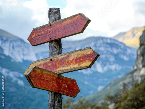 Wooden signpost with three arrow signs indicating different directions against a mountain landscape photo